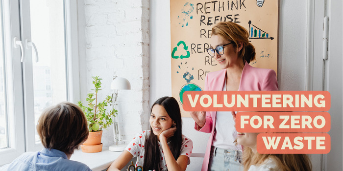 Volunteering for zero waste - A project group sits and brainstorms together in front of a designed poster with ideas for recycling.