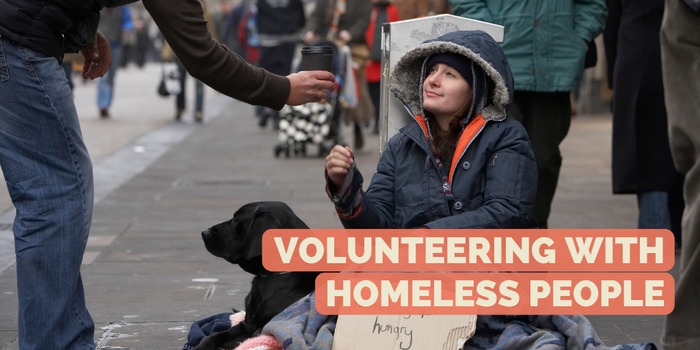 Cover picture: Volunteering with homeless people - A woman sits on the street with her dog and asks for food donations. A person brings her a hot drink.